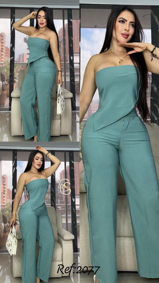2078 Pantalón y top asimétrico en tela Noche de Viena